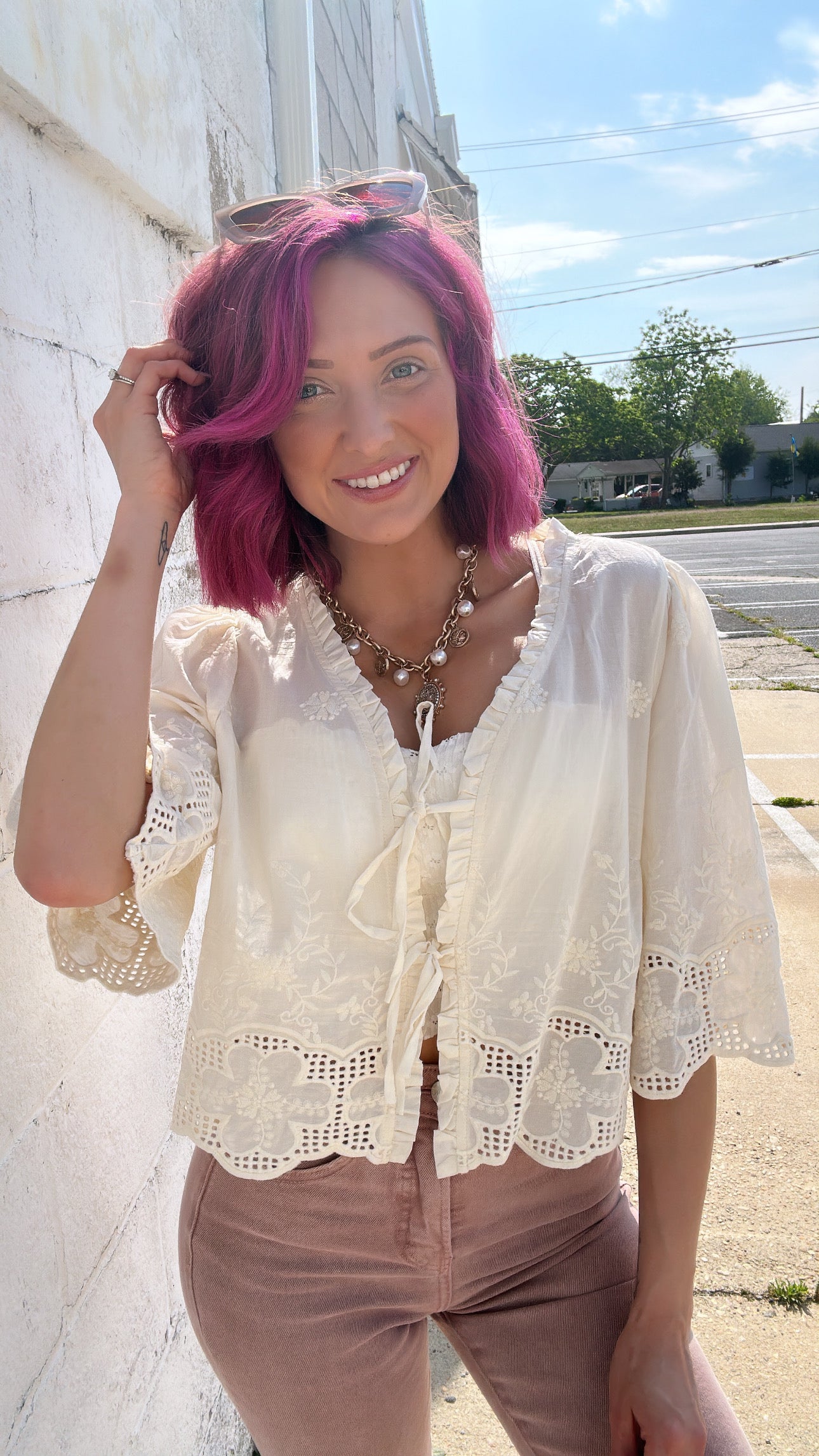 Front Tie Embroidered Blouse